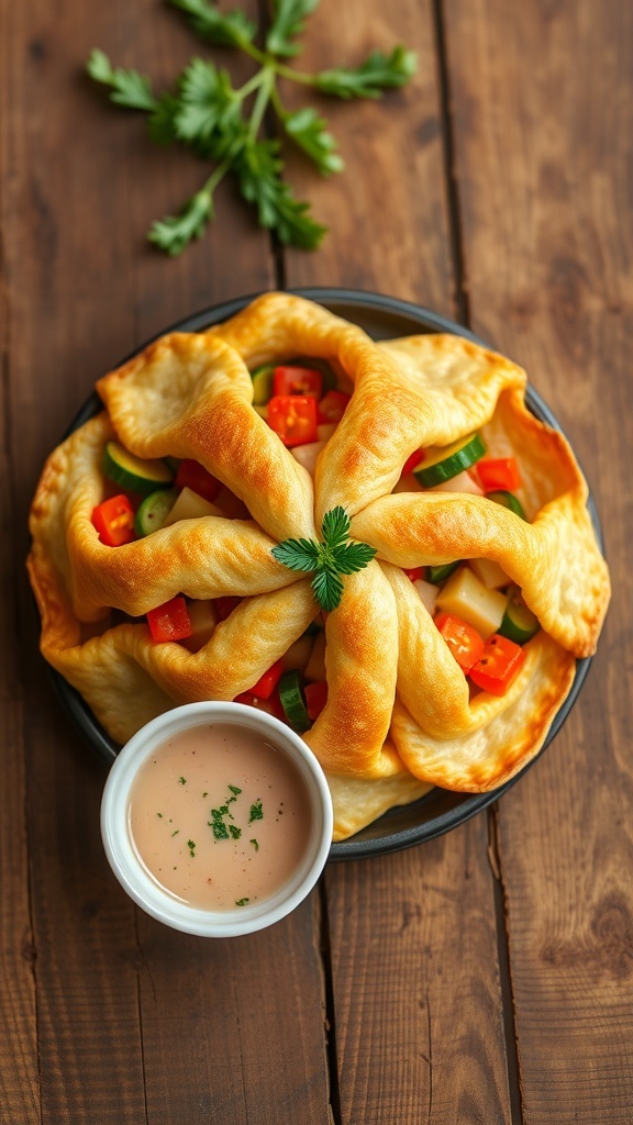 Golden five-cornered pastry filled with vegetables, garnished with herbs on a wooden table.